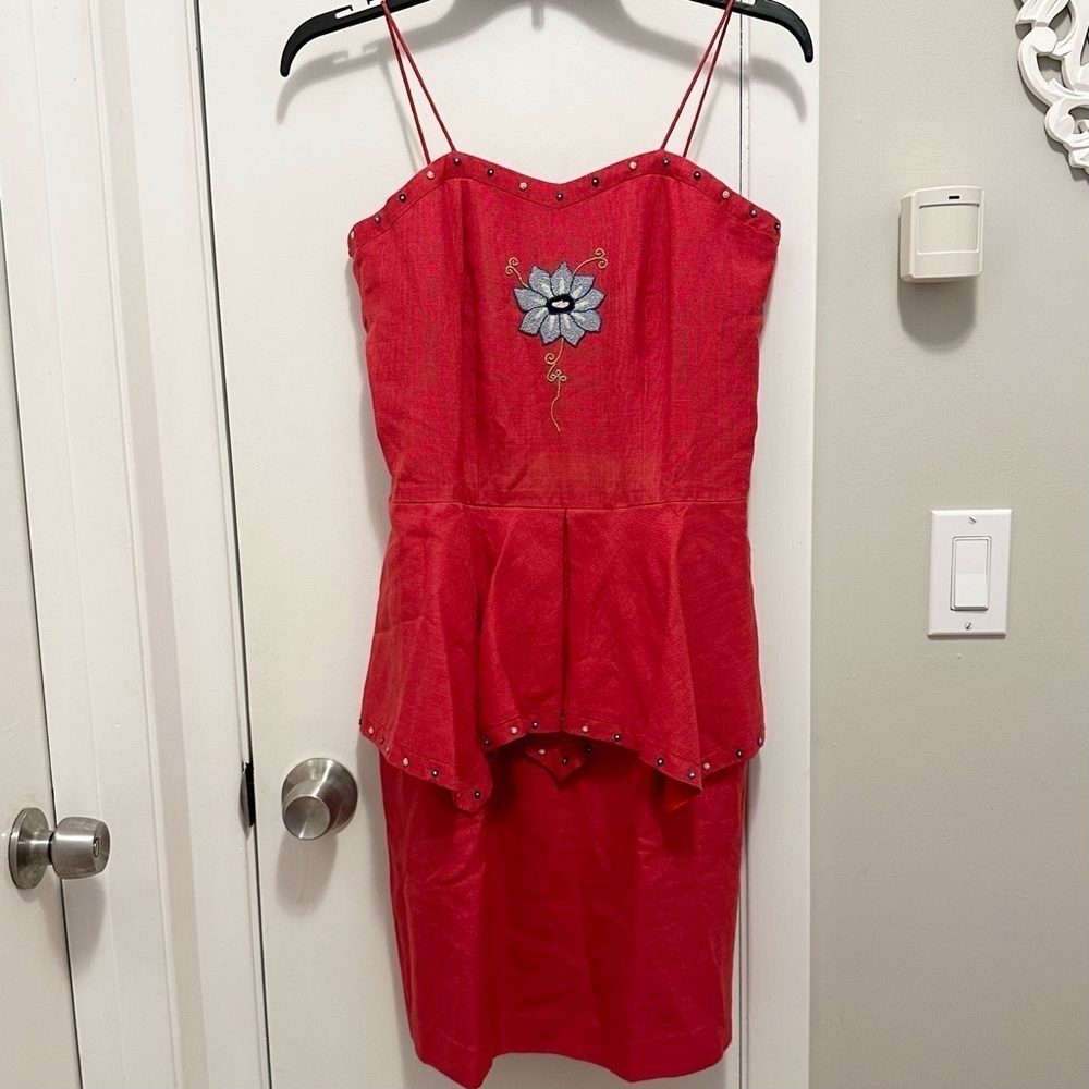 Vintage OOAK Astha Dee Red Peplum Mini Dress Embroidered Flower & trim detail M